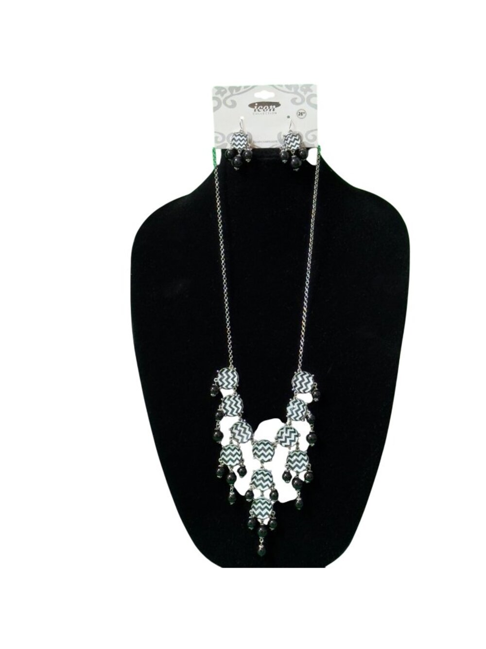 Black & White Chevron Necklace & Earrings Set By Icon Collection